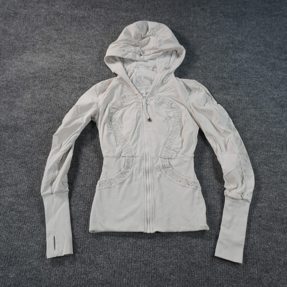 Lululemon Stride Jacket Women Size 4 Cream Hooded Full Zip Ruched Thumbholes